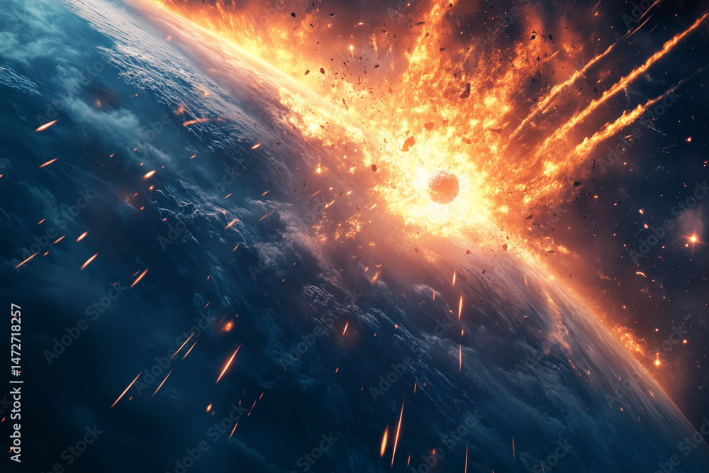 Poster planet is destroyed by a meteor shower. the planet is surrounded by a cloud of debris and the sky is