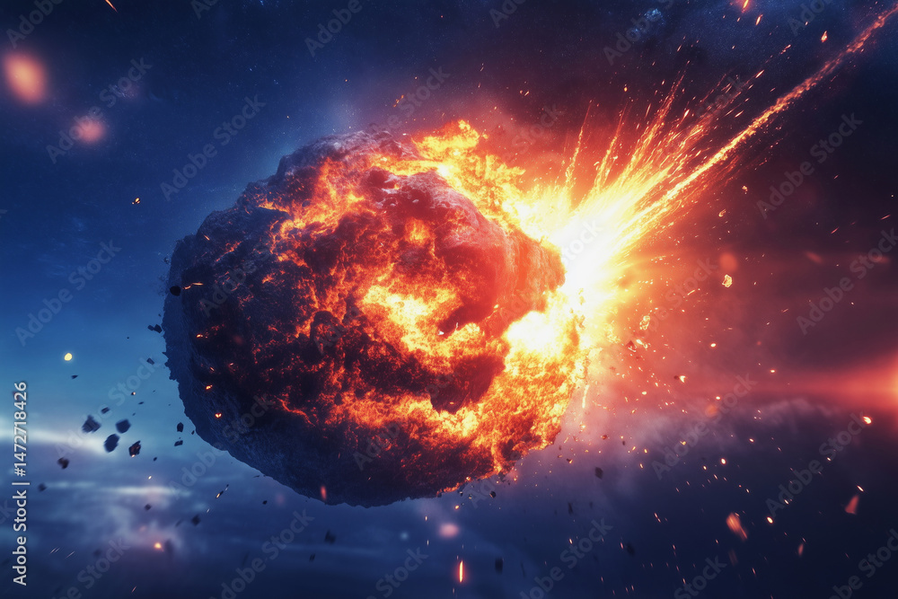 Poster large rock is falling from the sky and creating a huge explosion. the sky is dark and the explosion 