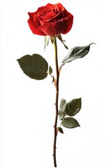 Obraz premium Elegant Red Rose with Green Leaves Isolated on White Background, Symbol of Love and Passion Perfect for Romantic Occasions and Floral Arrangements