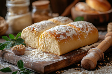 Loaf of bread on wooden cutting board.