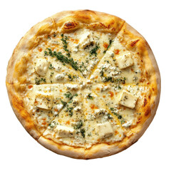 Delicious white pizza topped with creamy cheese and fresh herbs served on a golden crust