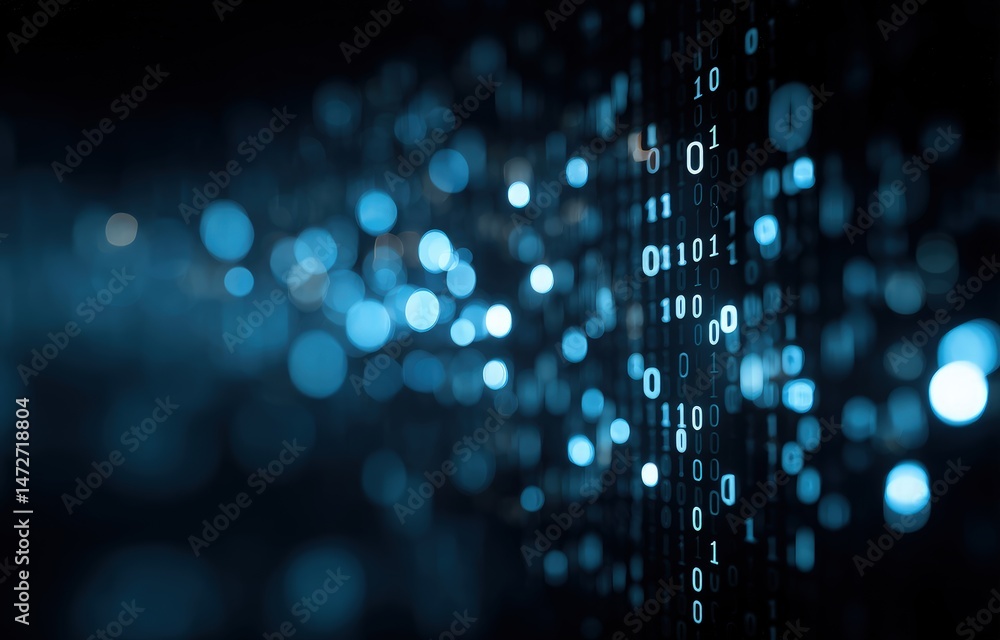 Poster Digital binary code illuminated in glowing blue tones with blurred particles and abstract perspective, representing cloud computing and virtual data systems
