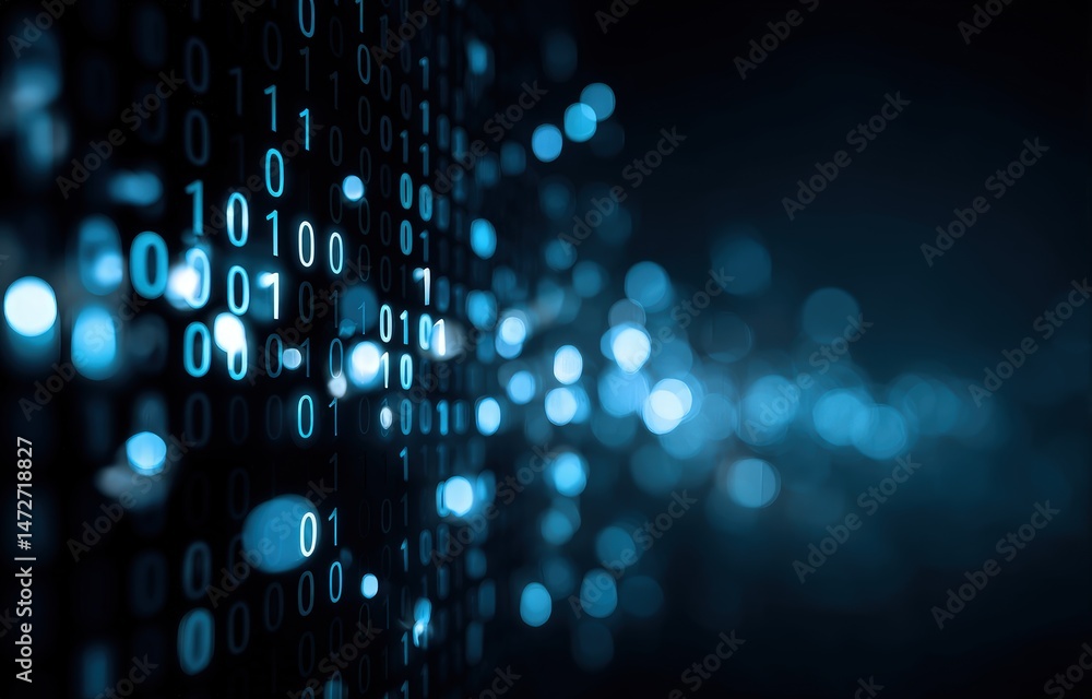 Aufkleber Flowing lines of binary code in bright blue light on a digital background, symbolizing cybersecurity, virtual information exchange, and futuristic computing