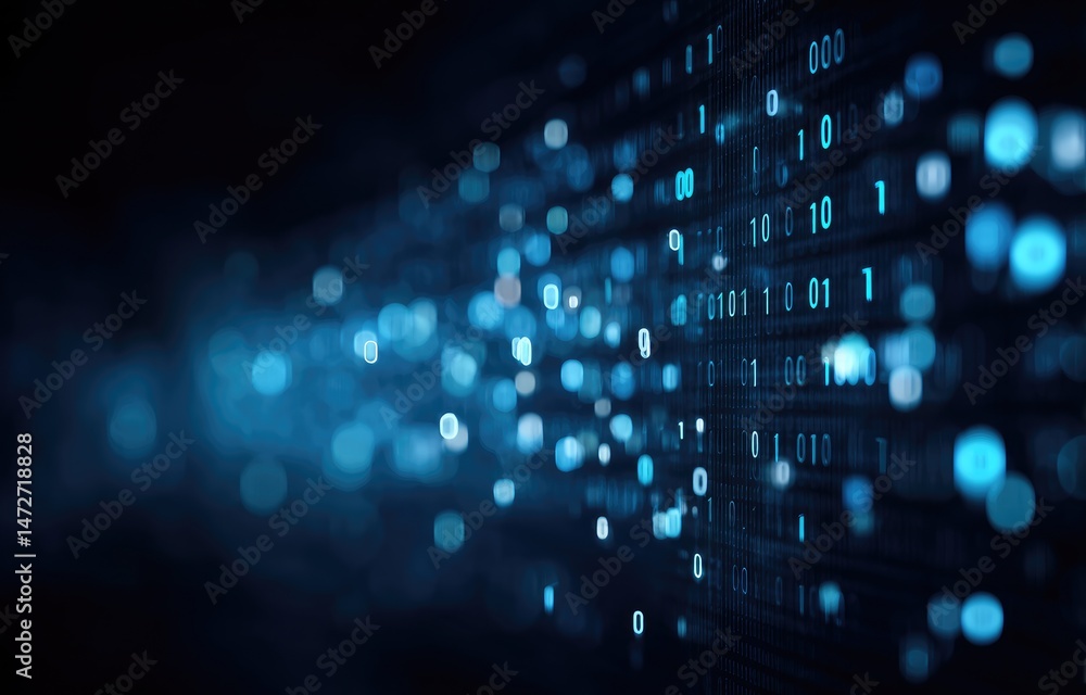 Poster Glowing digital binary numbers on a dark futuristic background, highlighting artificial intelligence, big data, secure networks, and machine processing power