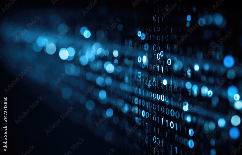 Poster Digital visualization of blue binary code streaming across a glowing network interface, perfect for concepts like digital security, AI, and cloud platforms