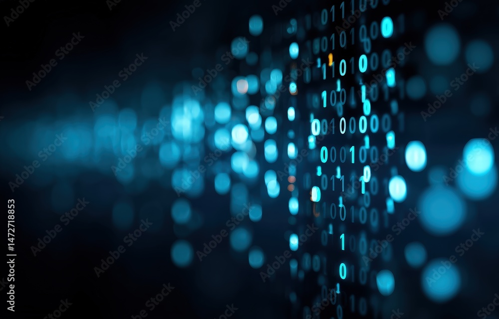 Aufkleber Abstract digital background showing a matrix of glowing binary code in blue hues, ideal for themes of machine learning, cybersecurity, and cloud computing