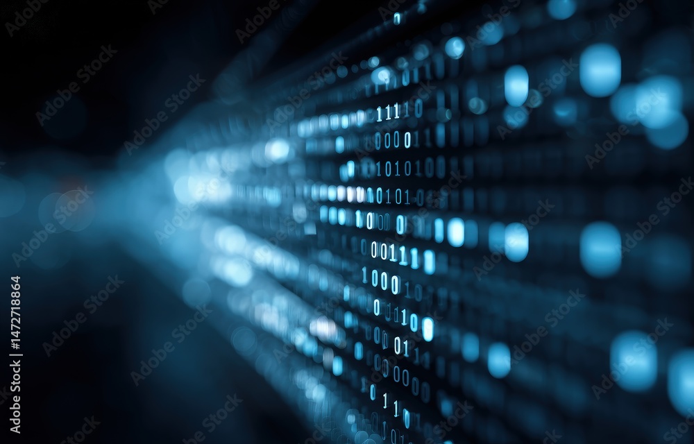 Poster Abstract digital background with glowing blue binary code flowing into the distance, symbolizing data transfer, machine learning, and cybersecurity concepts