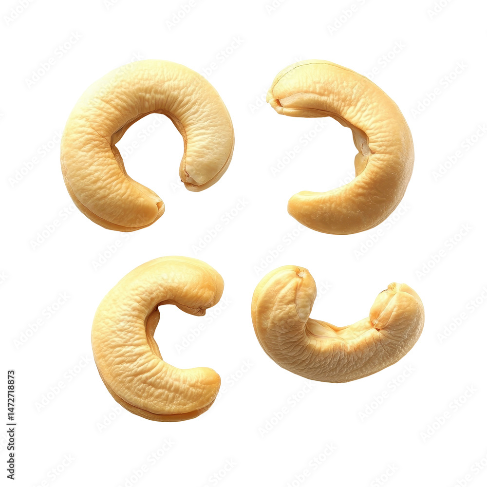 Poster cashew nuts arranged in various positions on a white background showcasing their unique shapes and t