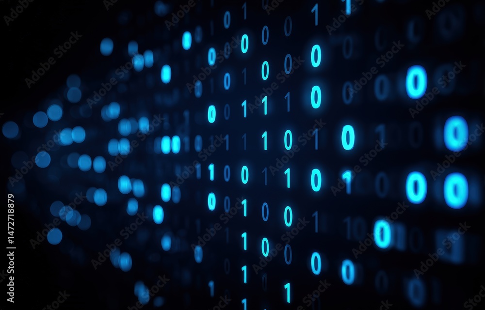 Poster Futuristic display of blue binary code scrolling across a dark digital screen, representing programming, cybersecurity, and digital technology infrastructure