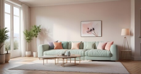Pastel-colored living room with plush seating and natural light ,  blush pink,  lamp,  serene