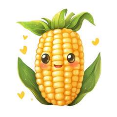 Obraz premium Cute animated corn character with smiling face and vibrant green leaves in an adorable design