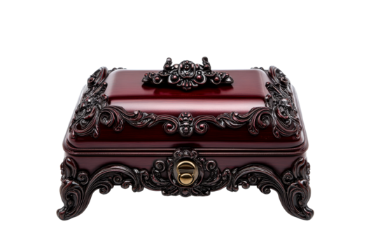 Ornate red jewelry box with intricate design and metallic accents
