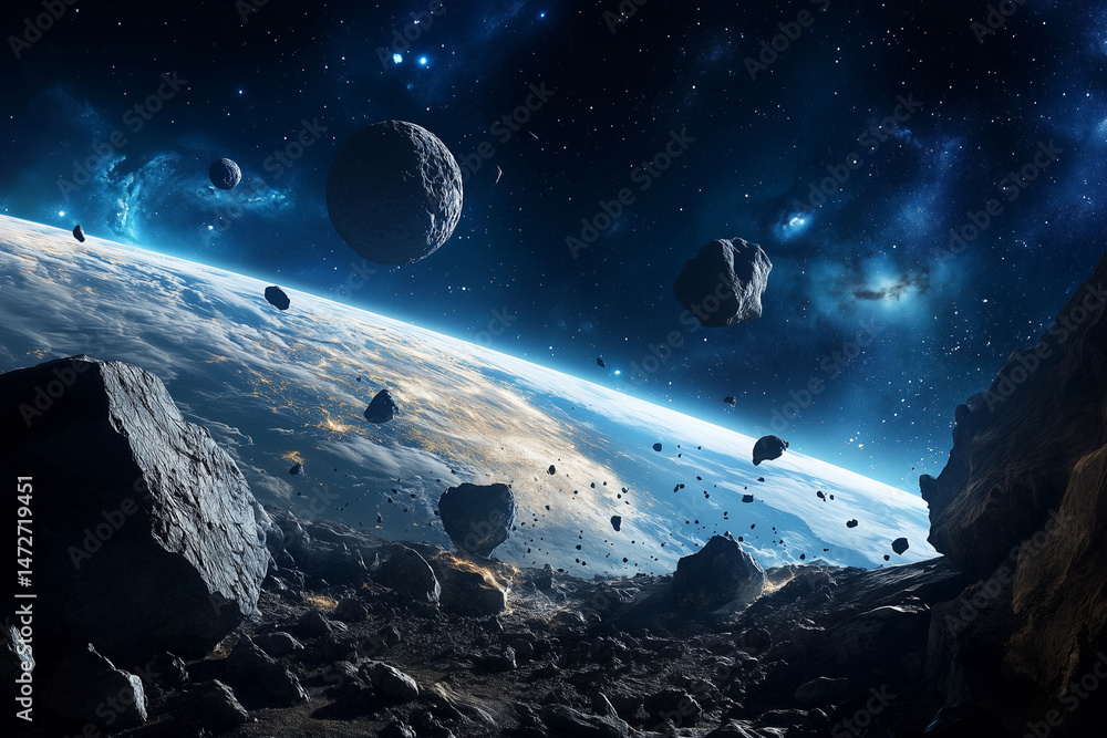 Aufkleber space scene with a planet and a bunch of rocks. the rocks are scattered all over the planet and some