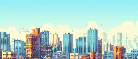 Obraz premium Stylized skyline of colorful buildings under a pale blue sky