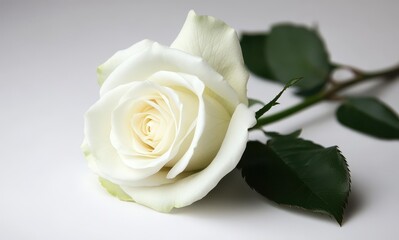 Elegant Single White Rose on Soft Background with Green Leaves and Delicate Petals for Romantic and Pure Floral Themes