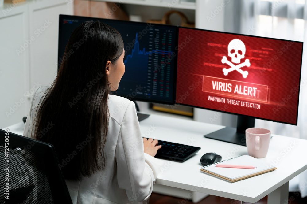 Poster virus warning alert on computer screen detected brisk cyber threat , hacker, computer virus and malw