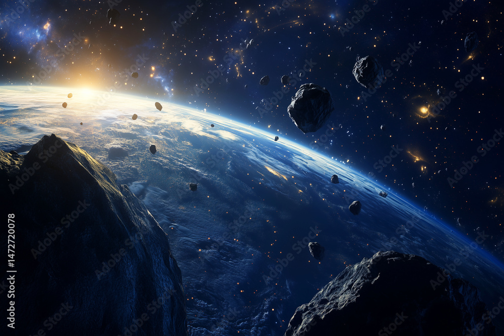 Aufkleber rocky planet with a large number of meteorites scattered across its surface. concept of chaos and de