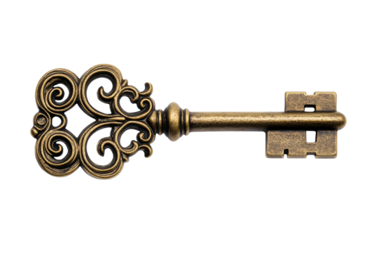 Vintage ornate key with decorative design on transparent background