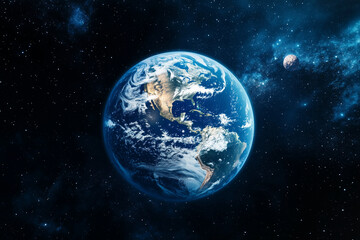 Obraz premium large blue and white planet in the middle of the night sky. The planet is surrounded by a vast expanse of stars and space