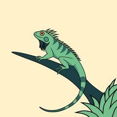 A vibrant and detailed illustration of a green iguana on a branch, perfect for educational materials, nature-themed designs, and digital art projects.