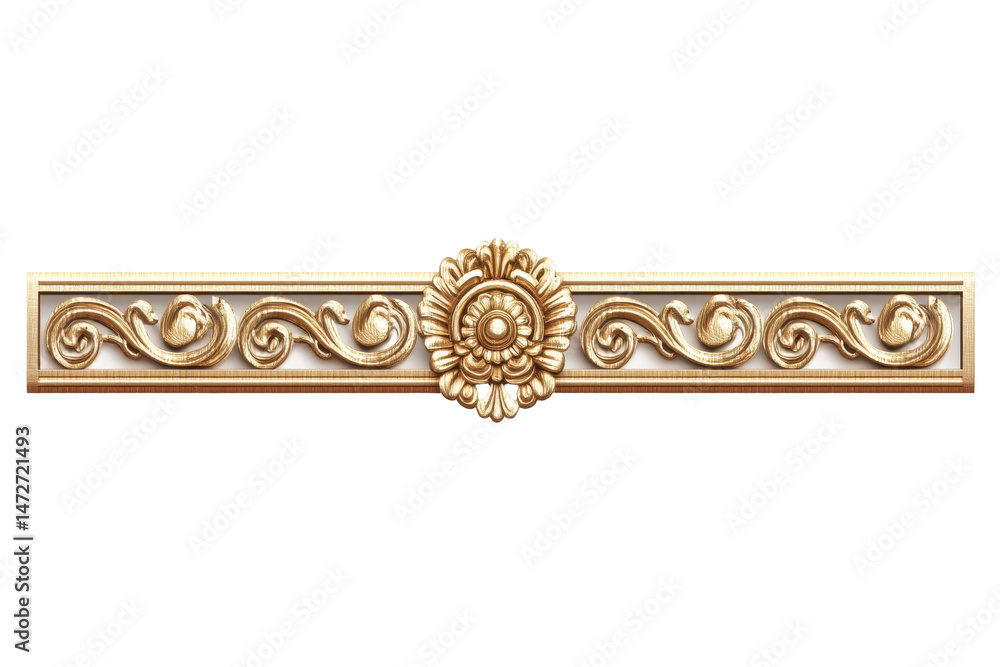 Aufkleber Ornate floral decor element featuring intricate golden scrollwork and a central flower design against a transparent background for versatile design applications