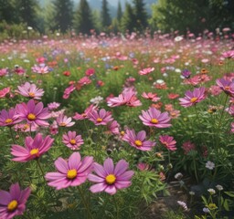 Obraz premium Vibrant cosmos flowers blooming in a summer garden , floral design, green, photography