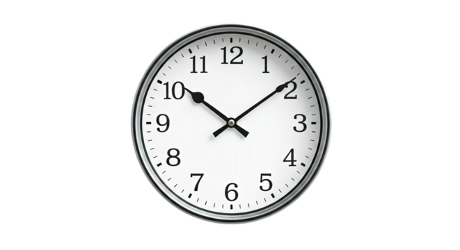 A simple, classic wall clock showing the time, a timeless design with a clean white face and black hands against a simple, bright background.