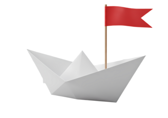 Paper Boat with Red Flag Origami Leadership Journey Concept isolated on transparent background
