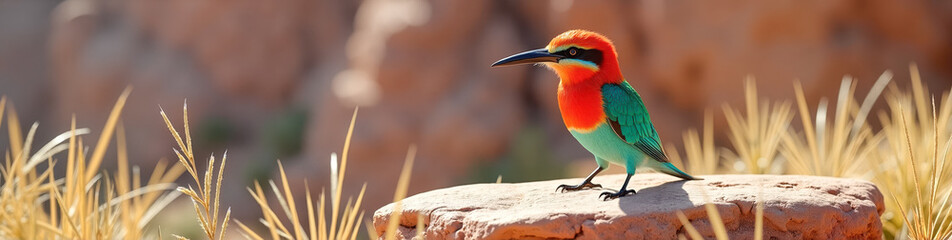 Obraz premium A vibrant carmine bee-eater perched on a flat rock ledge amidst desert grass and muted cliffs, showcasing wildlife beauty and natural elegance. National Geographic style. Banner, wallpaper 