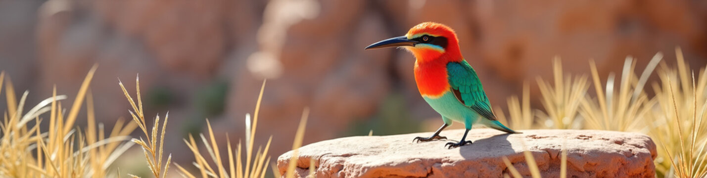 A vibrant carmine bee-eater perched on a flat rock ledge amidst desert grass and muted cliffs, showcasing wildlife beauty and natural elegance. National Geographic style. Banner, wallpaper 