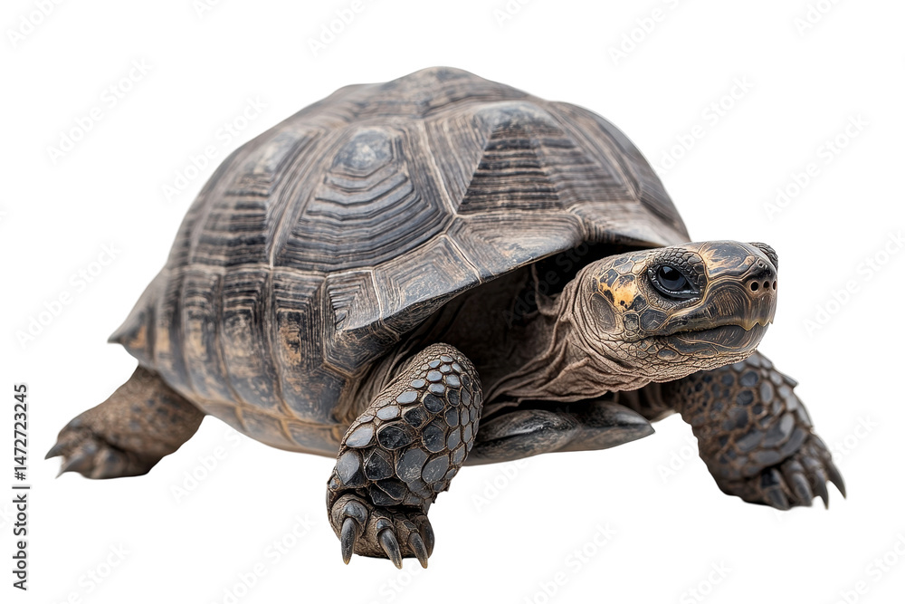 Poster Tortoise walking on a white background, highlighting its textured shell and distinct features