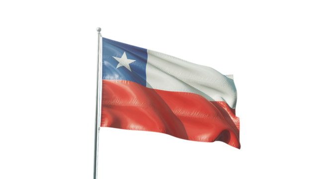 Waving Chilean National Flag on Pole isolated on Transparent Background