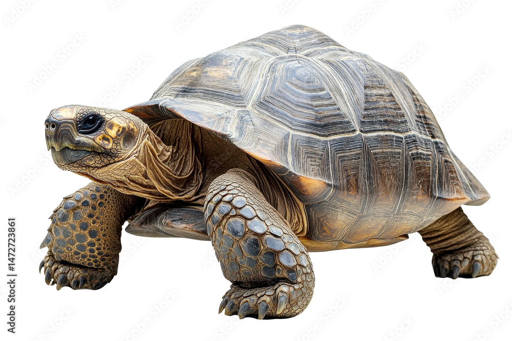 Poster Tortoise walking on a white background, highlighting its textured shell and distinct features