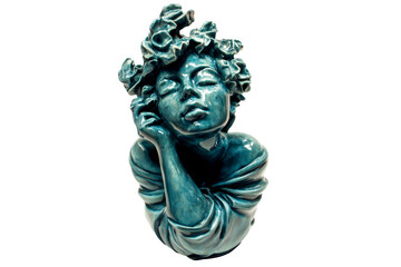 Bust of a woman with curly hair and serene expression