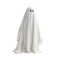 Classic ghost figure wearing a simple white sheet with black eyes displayed against a plain background for Halloween decor