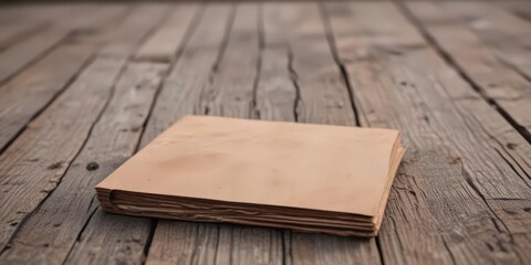 Fototapeta premium Empty booklet on weathered wooden surface, soft-focus natural scene, light, sky, nature