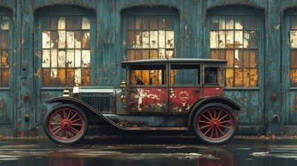 Rusty vintage car parked by weathered factory
