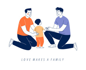 Two gay dads with their child. A loving LGBT family celebrates Fathers Day and Pride Month