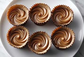 Exquisite Swirled Chocolate Cupcakes with Creamy Topping Presented on a White Plate, Perfect for Dessert Lovers and Baking Enthusiasts