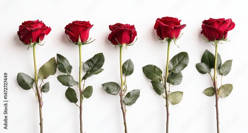 Poster five fresh red roses with green leaves displayed in a row on a soft neutral background for romantic 