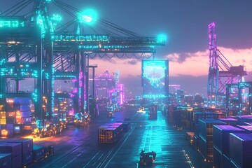 Futuristic port cityscape at twilight.  Vibrant neon lights illuminate the cargo containers and cranes