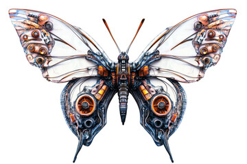 Intricate mechanical butterfly with transparent wings and gears