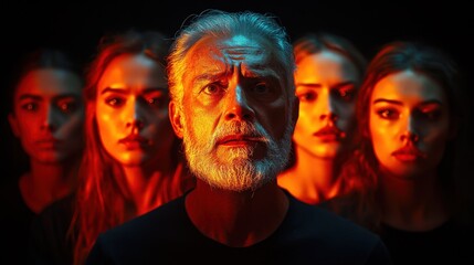 Many people standing in a line with one man staring at the camera