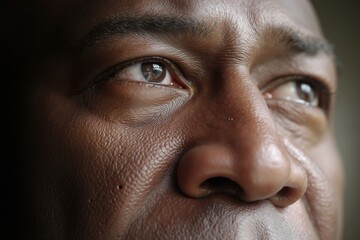 A close up of a man's face with brown eyes