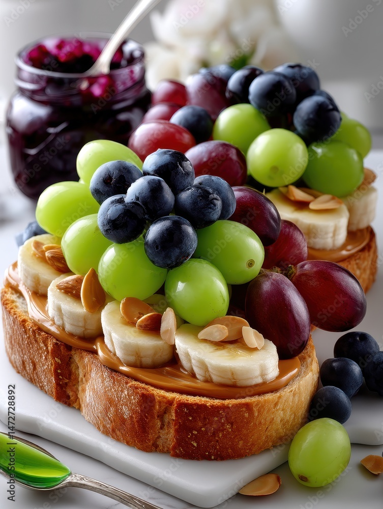 Poster fresh and colorful fruit topped toast with bananas, grapes, and almonds for a healthy breakfast trea
