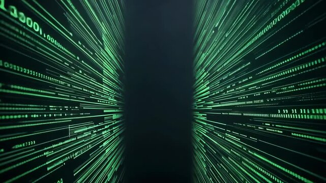 Digital Data Streams Futuristic Atmosphere with Glowing Green Lines and Binary Code