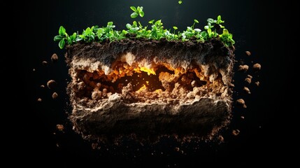 Fototapeta premium Cross section of soil with lush green sprouts growing on top highlighting earth's layers and plant growth ecosystem in vivid detail with dark background