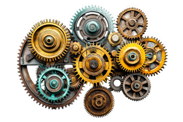 Detailed collection of vintage gears on a transparent background