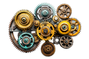 Detailed collection of vintage gears on a transparent background