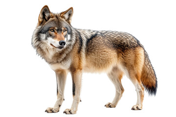 Fototapeta premium Strong and majestic wolf standing proudly in a natural pose with glossy fur and sharp features set against a blank backdrop